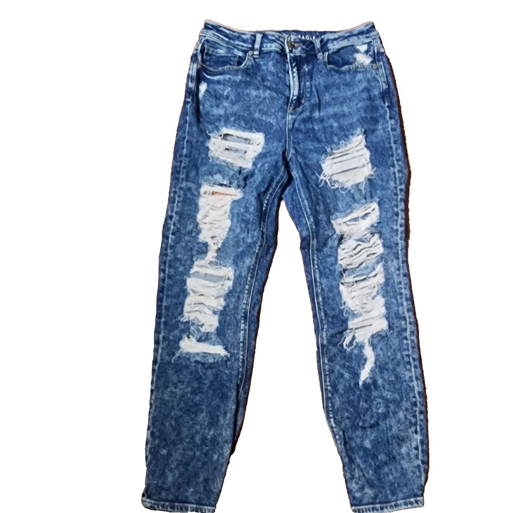 American Eagle Flex Mom Jeans 10R Blue Denim Distressed Destroyed Grunge 90s